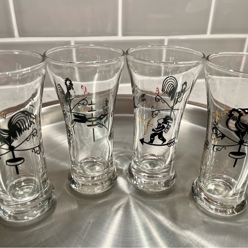 Set of 5 Libbey Hazel Atlas Weathervane design double shot glasses 1960s MCM